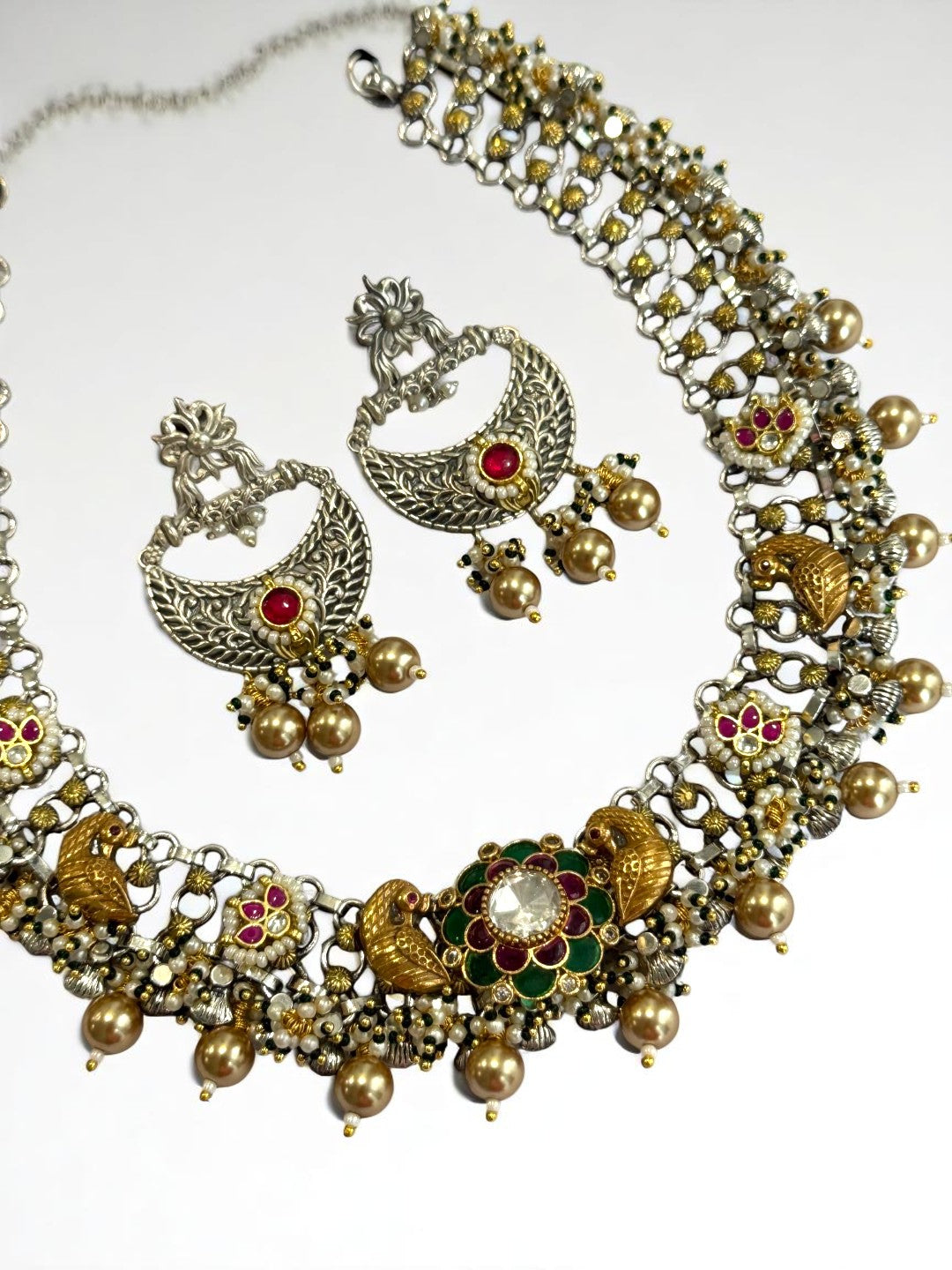 PINK PANKHURI GERMAN SILVER JEWELLERY SET