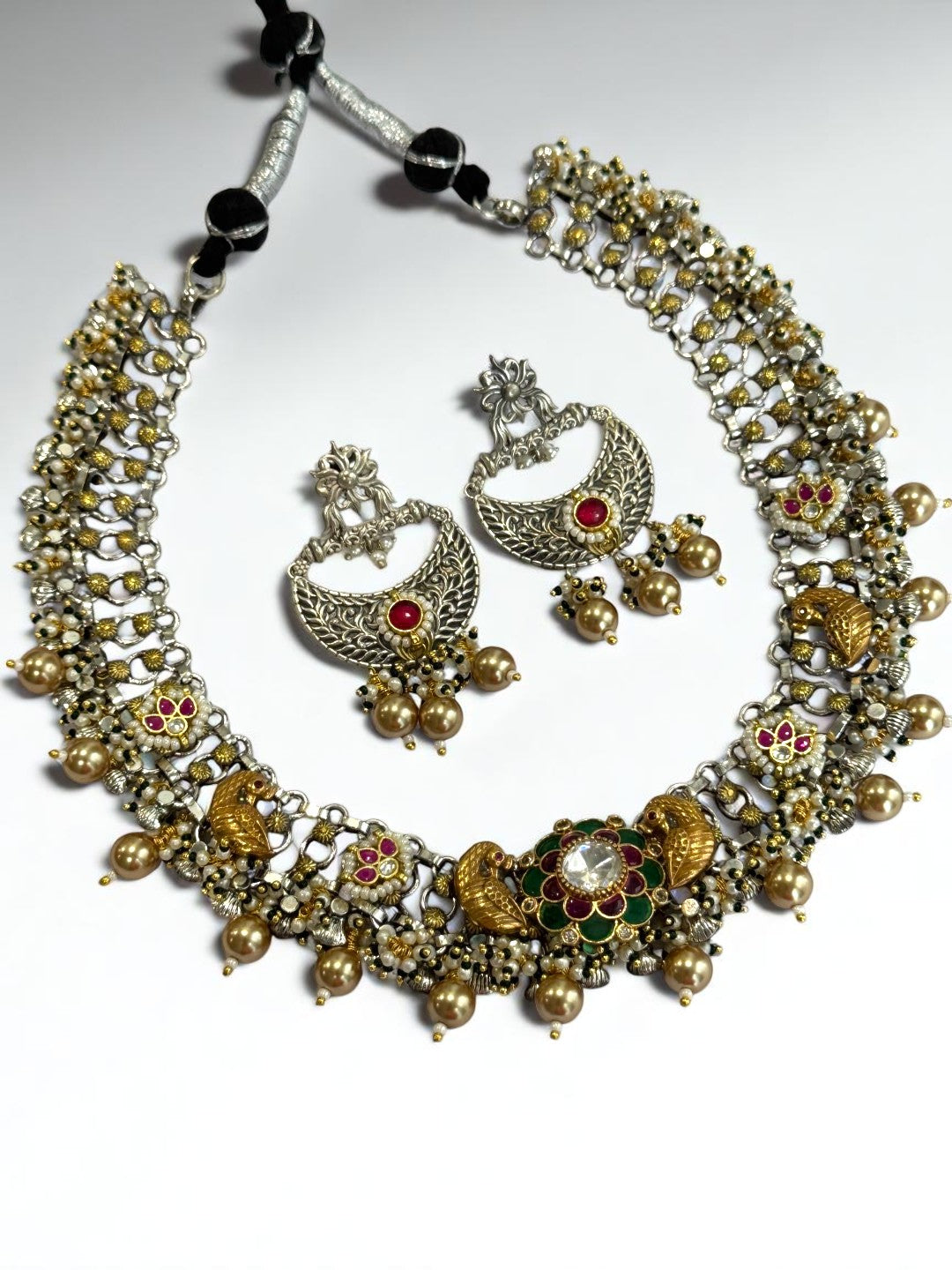 PINK PANKHURI GERMAN SILVER JEWELLERY SET