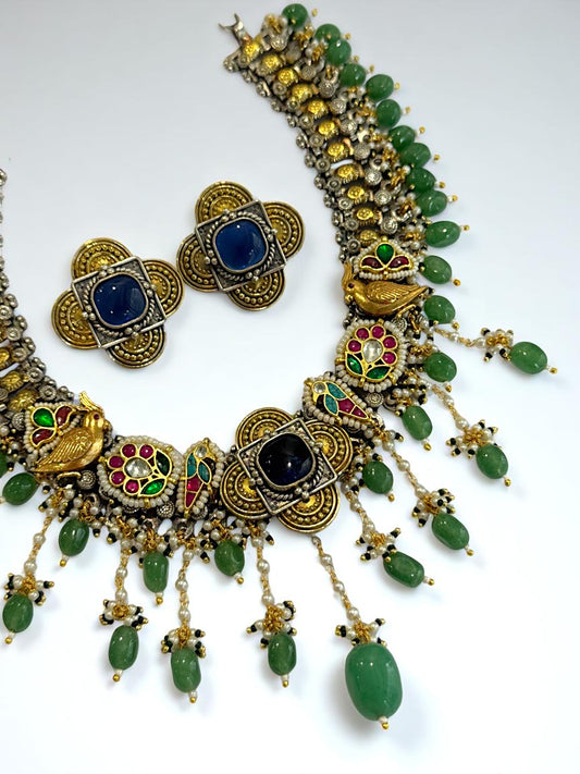 GREEN PALAK GERMAN SILVER JEWELLERY SET
