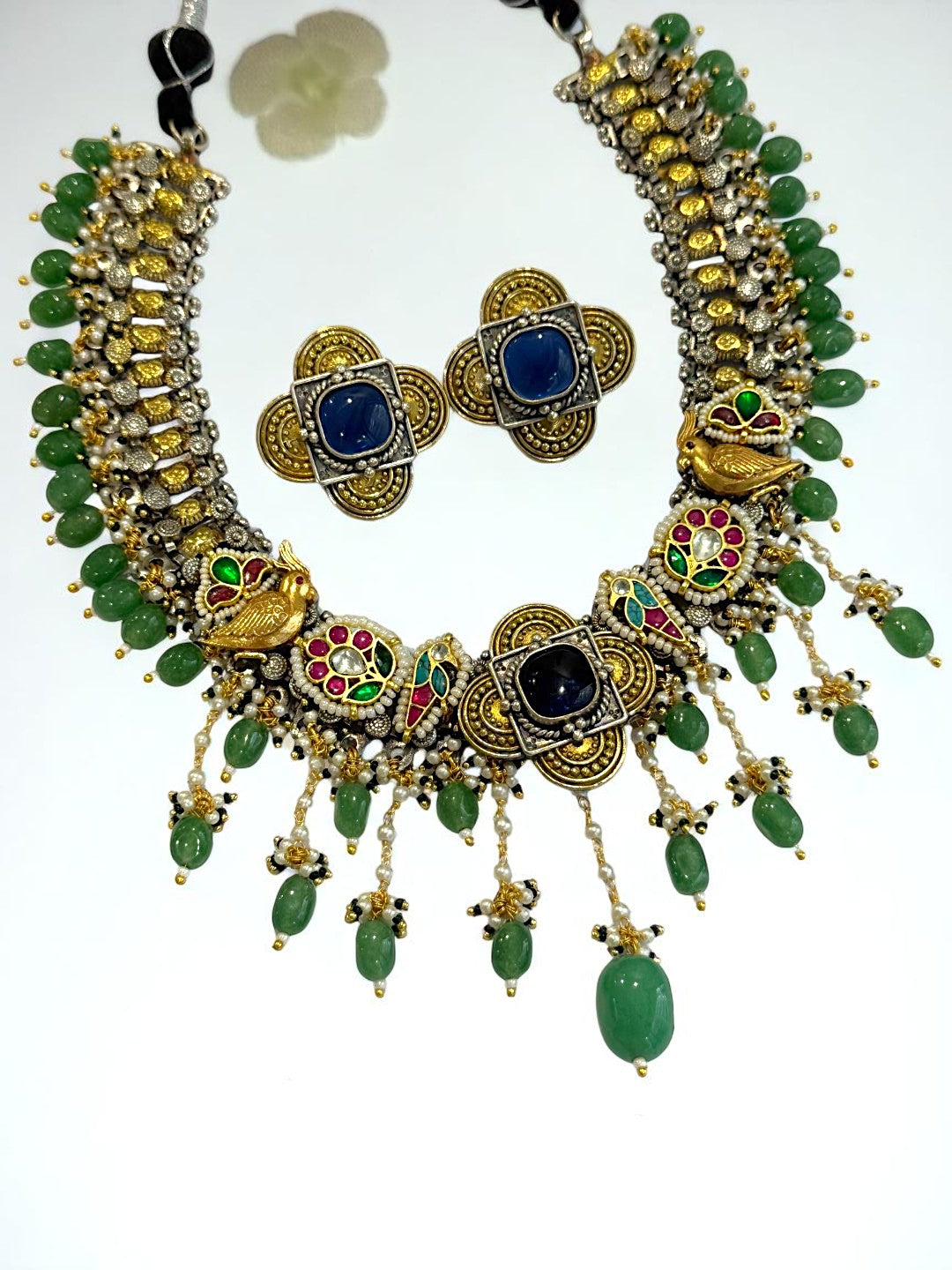 GREEN PALAK GERMAN SILVER JEWELLERY SET