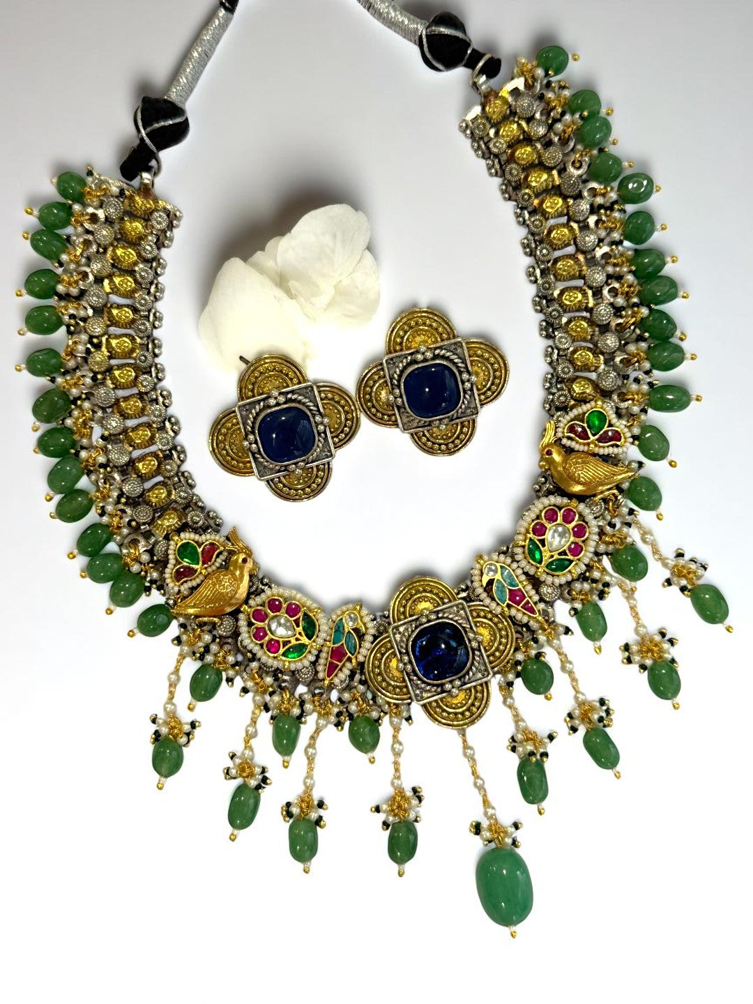 GREEN PALAK GERMAN SILVER JEWELLERY SET
