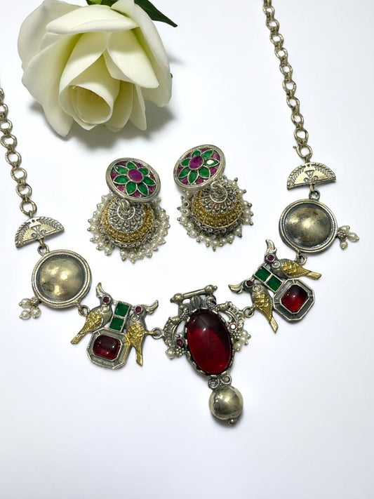 RUBY GREEN VEDITA GERMAN SILVER JEWELLERY SET