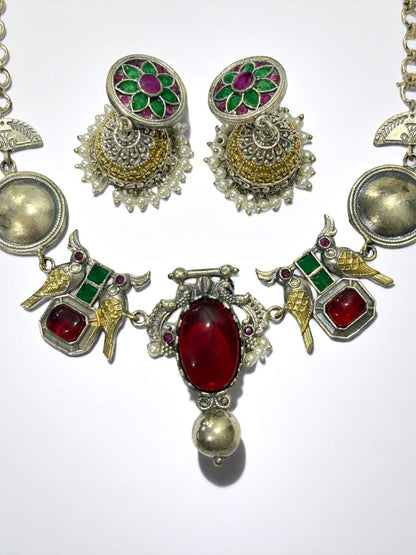 RUBY GREEN VEDITA GERMAN SILVER JEWELLERY SET
