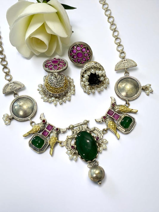GREEN PINK VEDITA GERMAN SILVER JEWELLERY SET