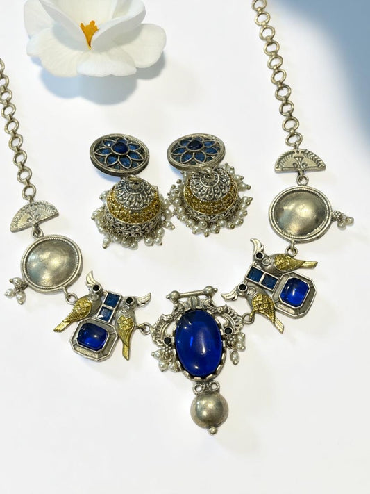 BLUE VEDITA GERMAN SILVER JEWELLERY SET