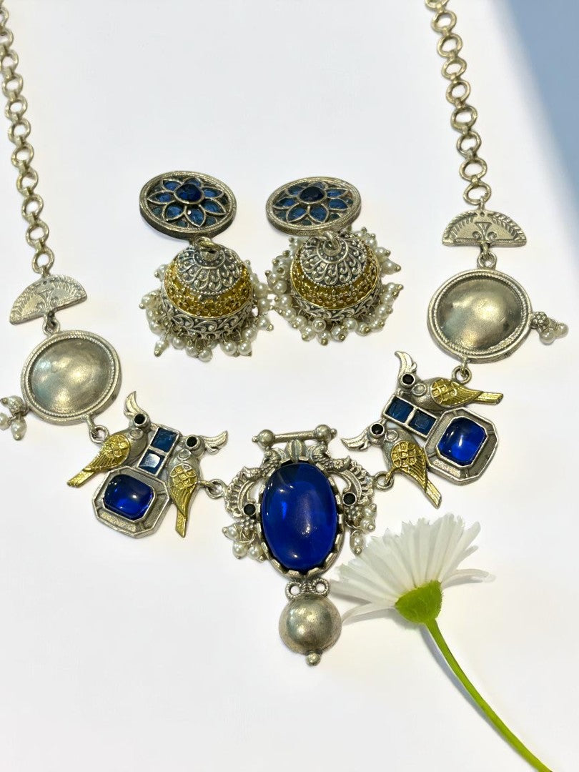 BLUE VEDITA GERMAN SILVER JEWELLERY SET