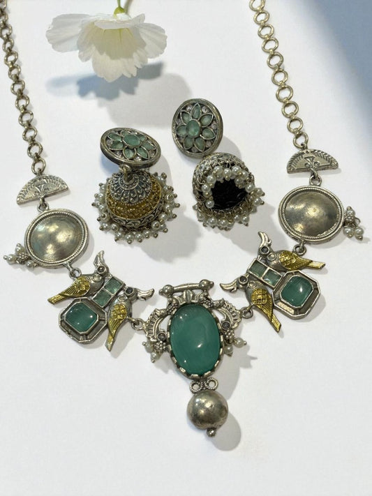 SEA GREEN VEDITA GERMAN SILVER JEWELLERY SET