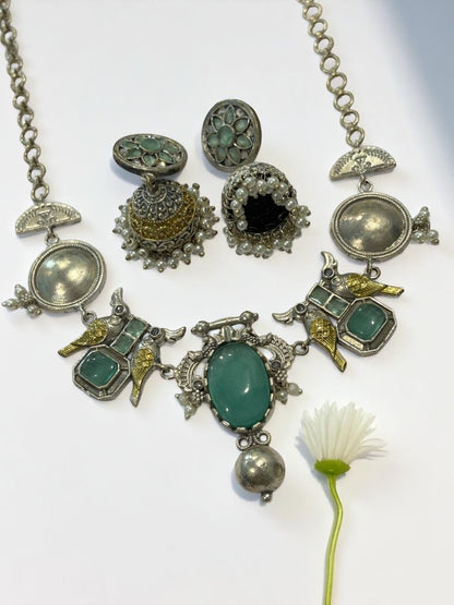 SEA GREEN VEDITA GERMAN SILVER JEWELLERY SET