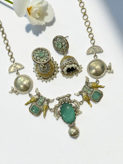 SEA GREEN VEDITA GERMAN SILVER JEWELLERY SET