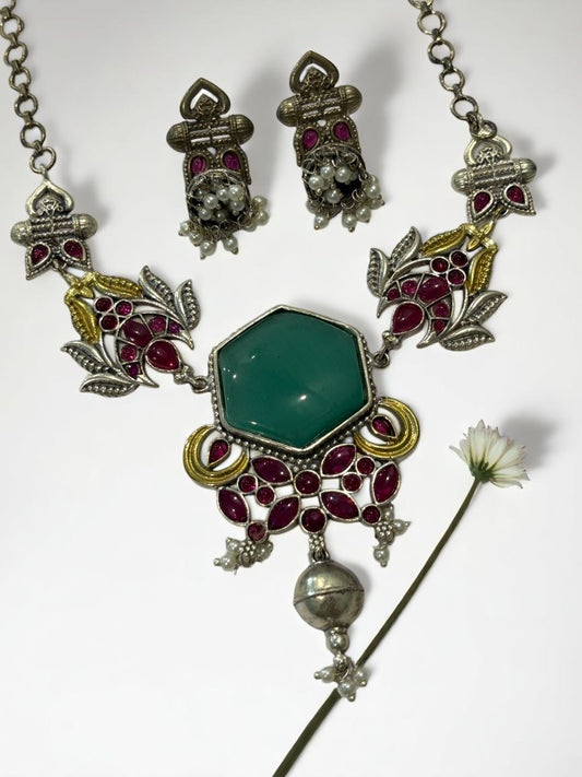 SEA GREEN REKHA GERMAN SILVER JEWELLERY SET