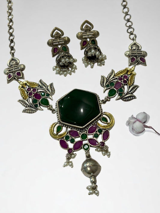 GREEN REKHA GERMAN SILVER JEWELLERY SET