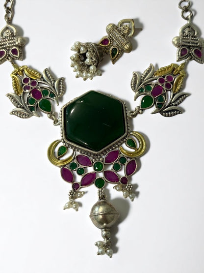 GREEN REKHA GERMAN SILVER JEWELLERY SET