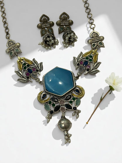 SEA BLUE REKHA GERMAN SILVER JEWELLERY SET