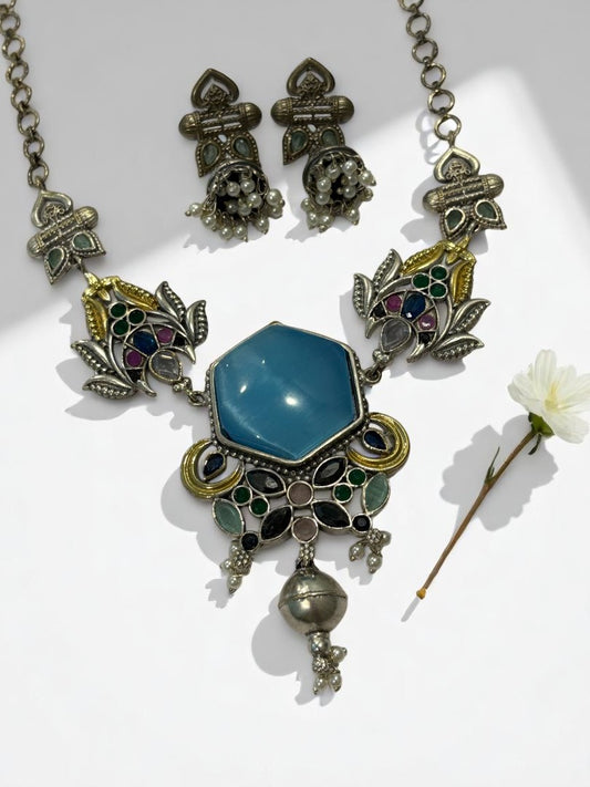 SEA BLUE REKHA GERMAN SILVER JEWELLERY SET