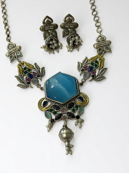 SEA BLUE REKHA GERMAN SILVER JEWELLERY SET