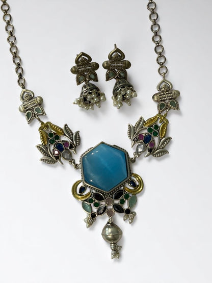 SEA BLUE REKHA GERMAN SILVER JEWELLERY SET