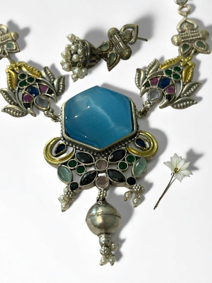 SEA BLUE REKHA GERMAN SILVER JEWELLERY SET