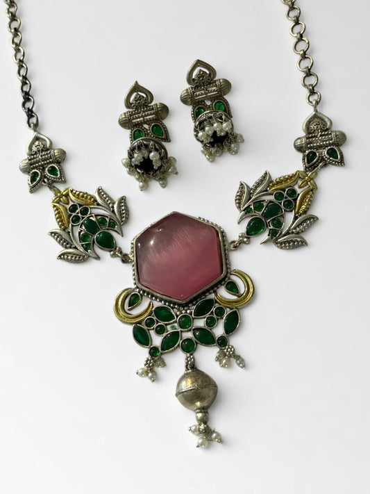 PINK REKHA GERMAN SILVER JEWELLERY SET