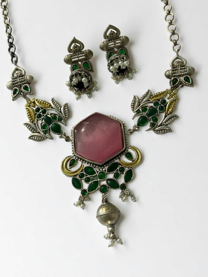 PINK REKHA GERMAN SILVER JEWELLERY SET
