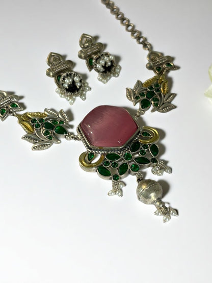PINK REKHA GERMAN SILVER JEWELLERY SET