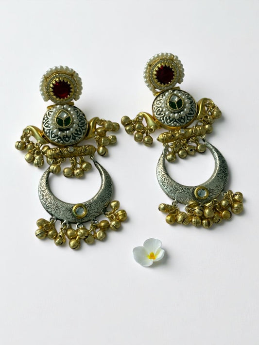 PINK GREEN LAKSHMI GERMAN SILVER EARRINGS