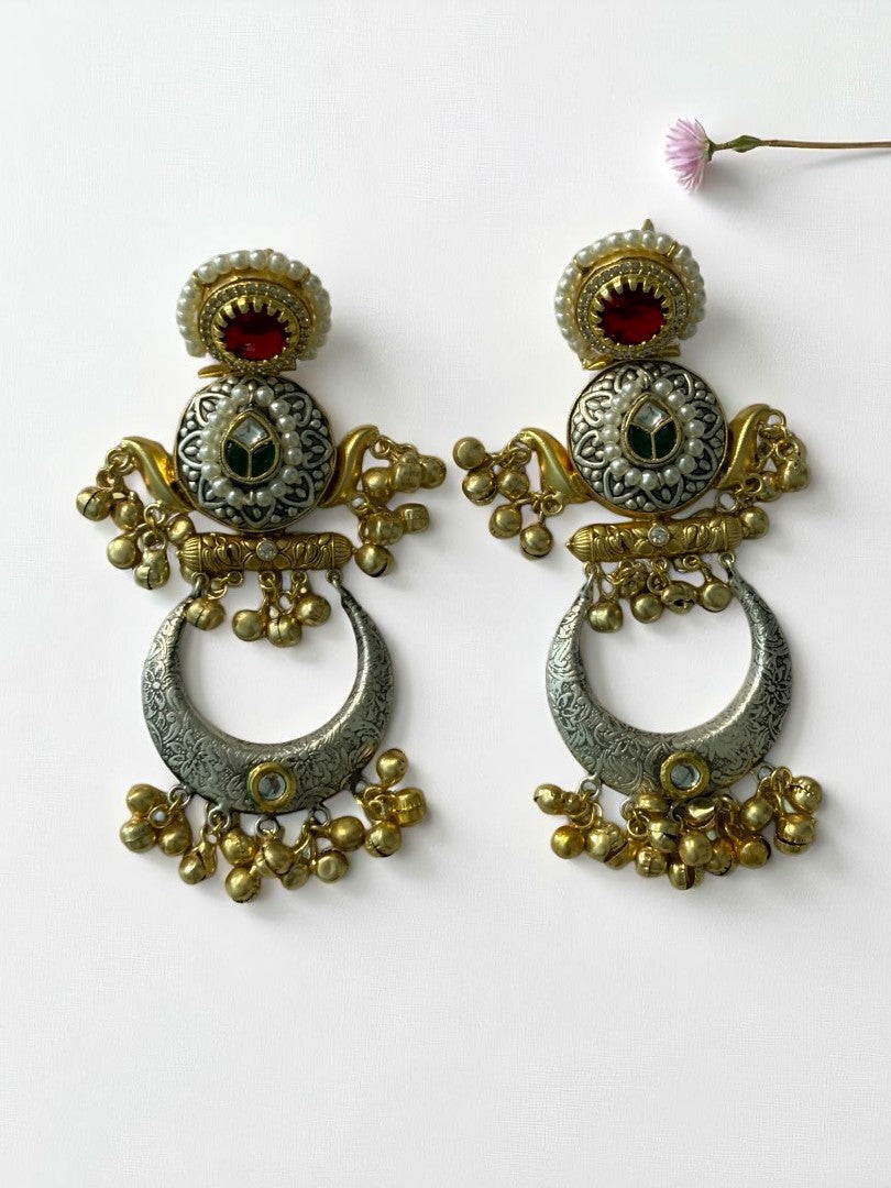 PINK GREEN LAKSHMI GERMAN SILVER EARRINGS