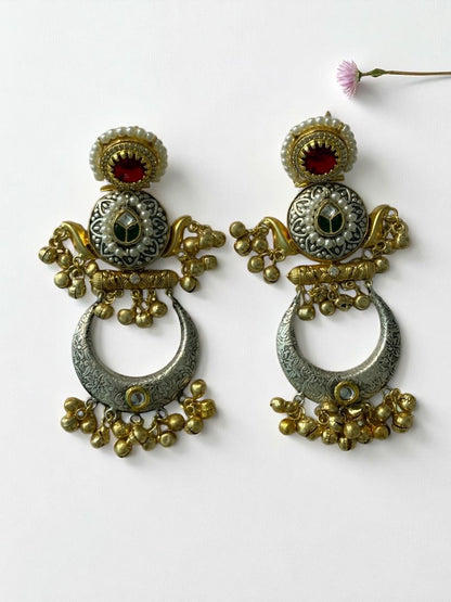 PINK GREEN LAKSHMI GERMAN SILVER EARRINGS