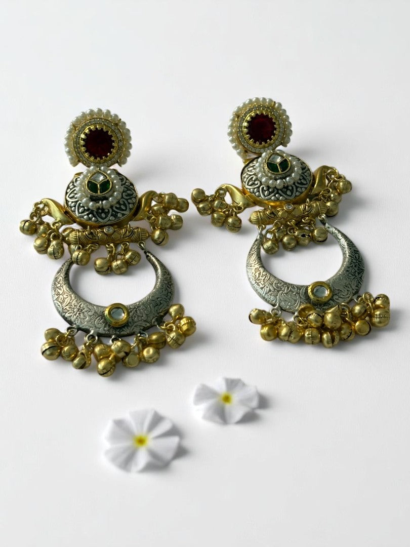 PINK GREEN LAKSHMI GERMAN SILVER EARRINGS