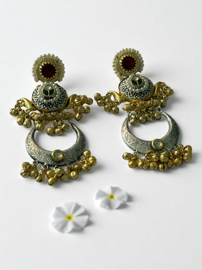 PINK GREEN LAKSHMI GERMAN SILVER EARRINGS