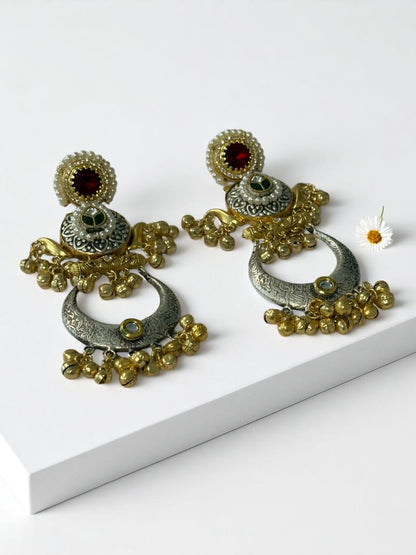 PINK GREEN LAKSHMI GERMAN SILVER EARRINGS