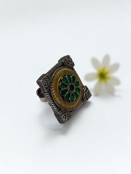 GREEN FLOWER AYANI GERMAN SILVER RING