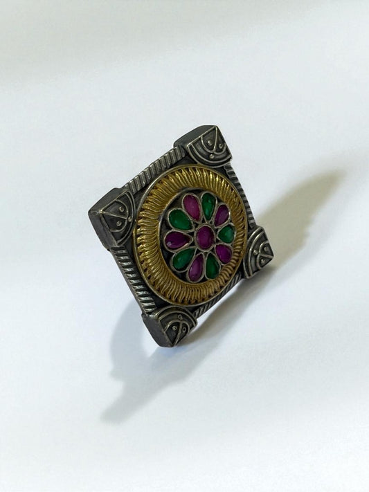 GREEN PINK FLOWER AYANI GERMAN SILVER RING