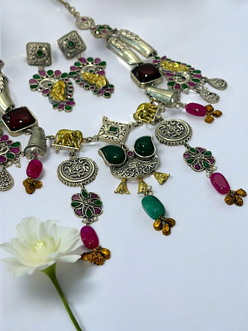 GREEN RUBI RACHANA GERMAN SILVER JEWELLERY SET