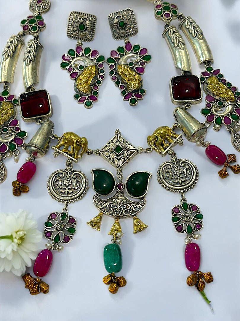 GREEN RUBI RACHANA GERMAN SILVER JEWELLERY SET