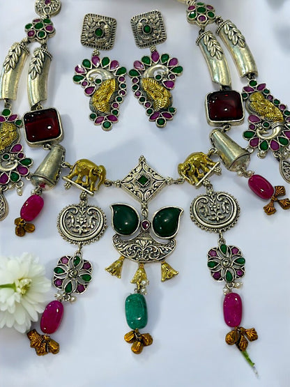 GREEN RUBI RACHANA GERMAN SILVER JEWELLERY SET