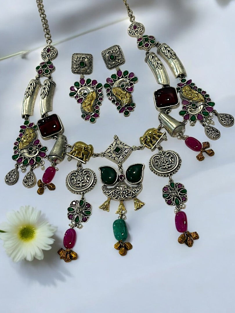 GREEN RUBI RACHANA GERMAN SILVER JEWELLERY SET