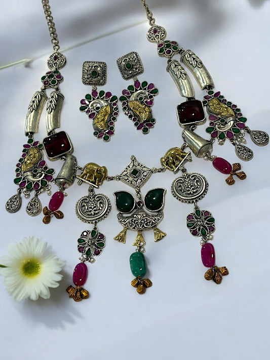 GREEN RUBI RACHANA GERMAN SILVER JEWELLERY SET