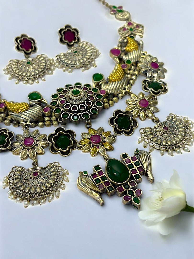 GREEN PURVA GERMAN SILVER JEWELLERY SET
