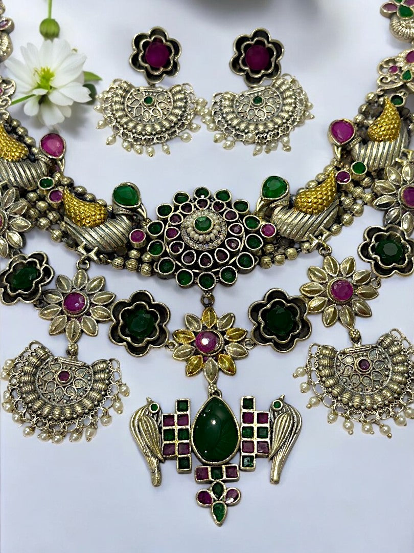 GREEN PURVA GERMAN SILVER JEWELLERY SET