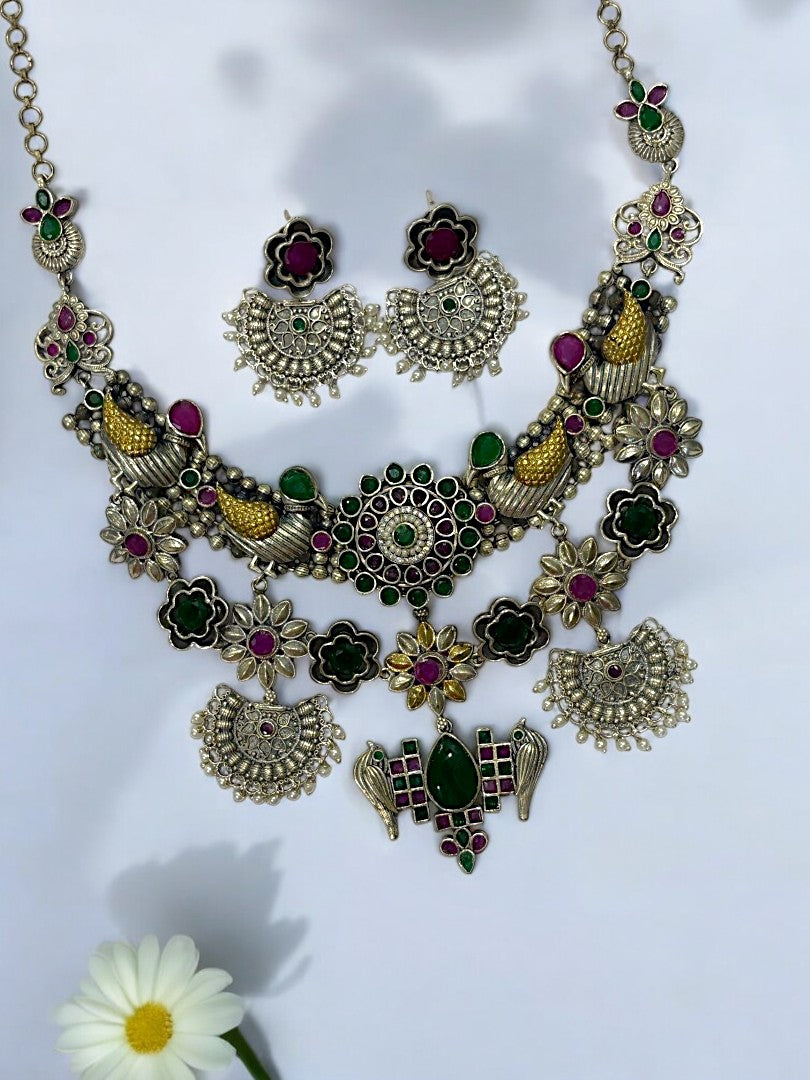 GREEN PURVA GERMAN SILVER JEWELLERY SET
