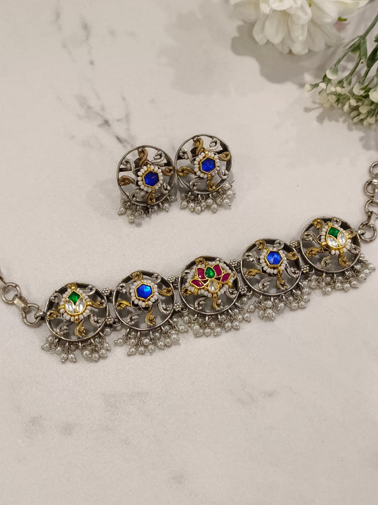 MULTI LOTUS TEJAL GERMAN SILVER JEWELLERY SET
