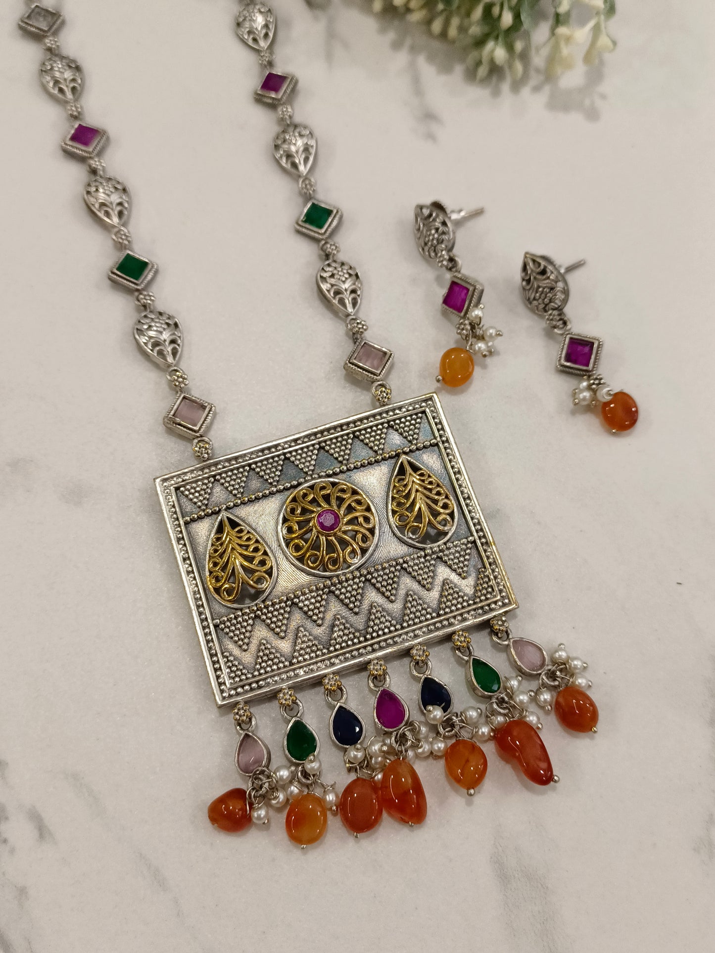 ORANGE AADISHREE GERMAN SILVER JEWELLERY SET