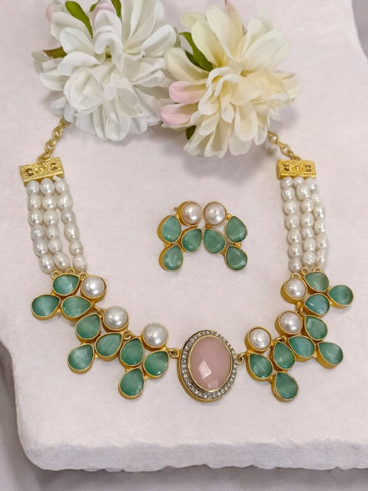 TEAL AND PINK ADHAYA JEWELLERY SET