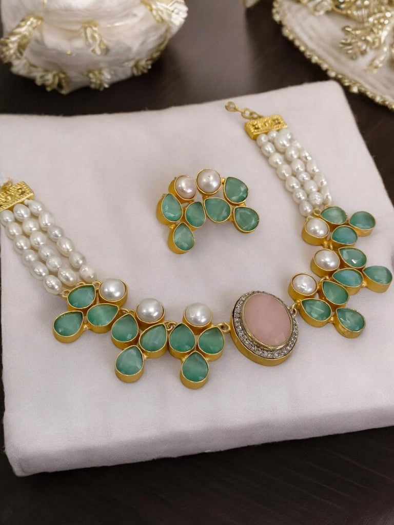 TEAL AND PINK ADHAYA JEWELLERY SET