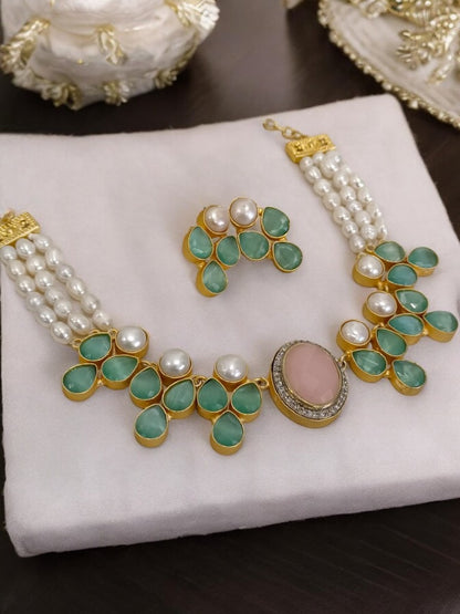 TEAL AND PINK ADHAYA JEWELLERY SET