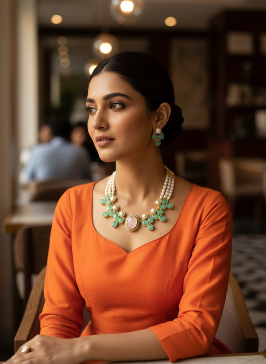 TEAL AND PINK ADHAYA JEWELLERY SET