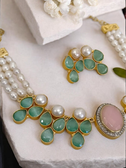 TEAL AND PINK ADHAYA JEWELLERY SET