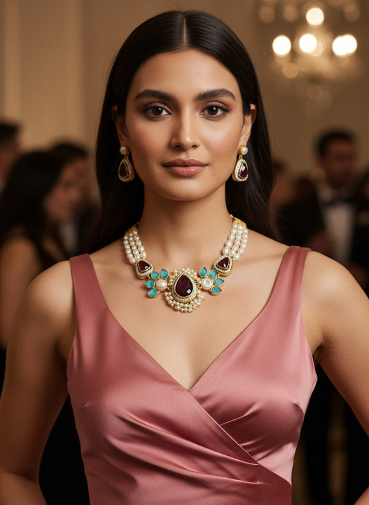 MAROON AND BLUE EZHIL JEWELLERY SET