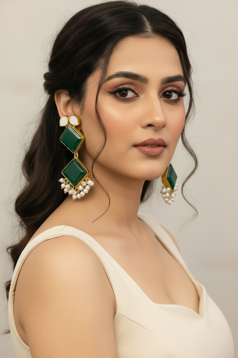 GREEN ROSHNI SEMI PRECIOUS EARRINGS