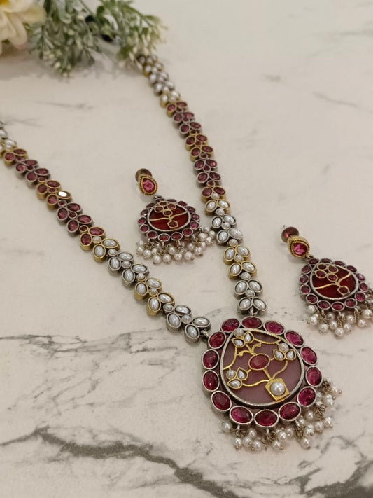 PINK VIOLET GERMAN SILVER JEWELLERY SET